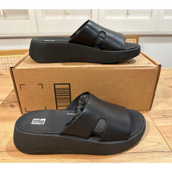 Fitflop F-Mode Raw-Edge Leather Flatform H-Bar Slide Size 7  Cushioned Comfy - Picture 3 of 9